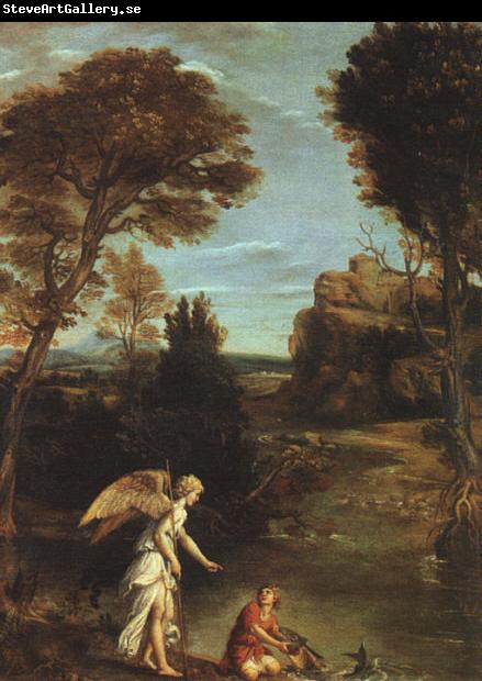 Domenichino Landscape with Tobias Laying Hold of the Fish