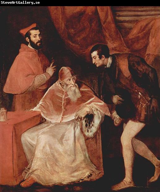 Titian Portrat des Papstes Paulus III mit Kardinal Alessandro Farnese und Herzog Ottavio Farnese.