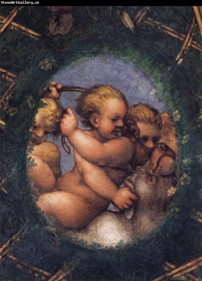 Correggio Two ovals depicting a putto with a stag's head and a putto with a greyhound