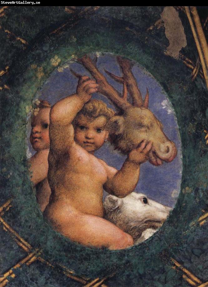 Correggio Two ovals depicting a putto with a stag's head and a putto with a greyhound